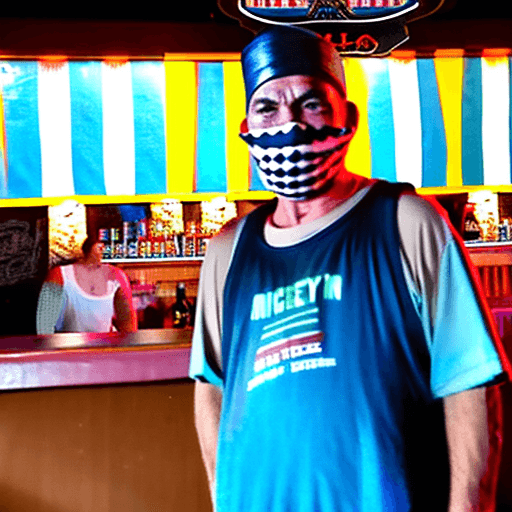 AI generated: A tall White man in his 50s with bandaged head & arm in a sling stands in front of "Cheeky Bar" in t...