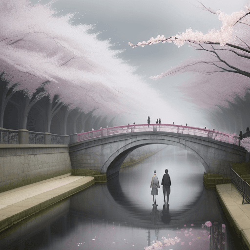 AI generated: two people walk the bridge under a large cherry blossom, in the style of atmospheric paintings, gray...