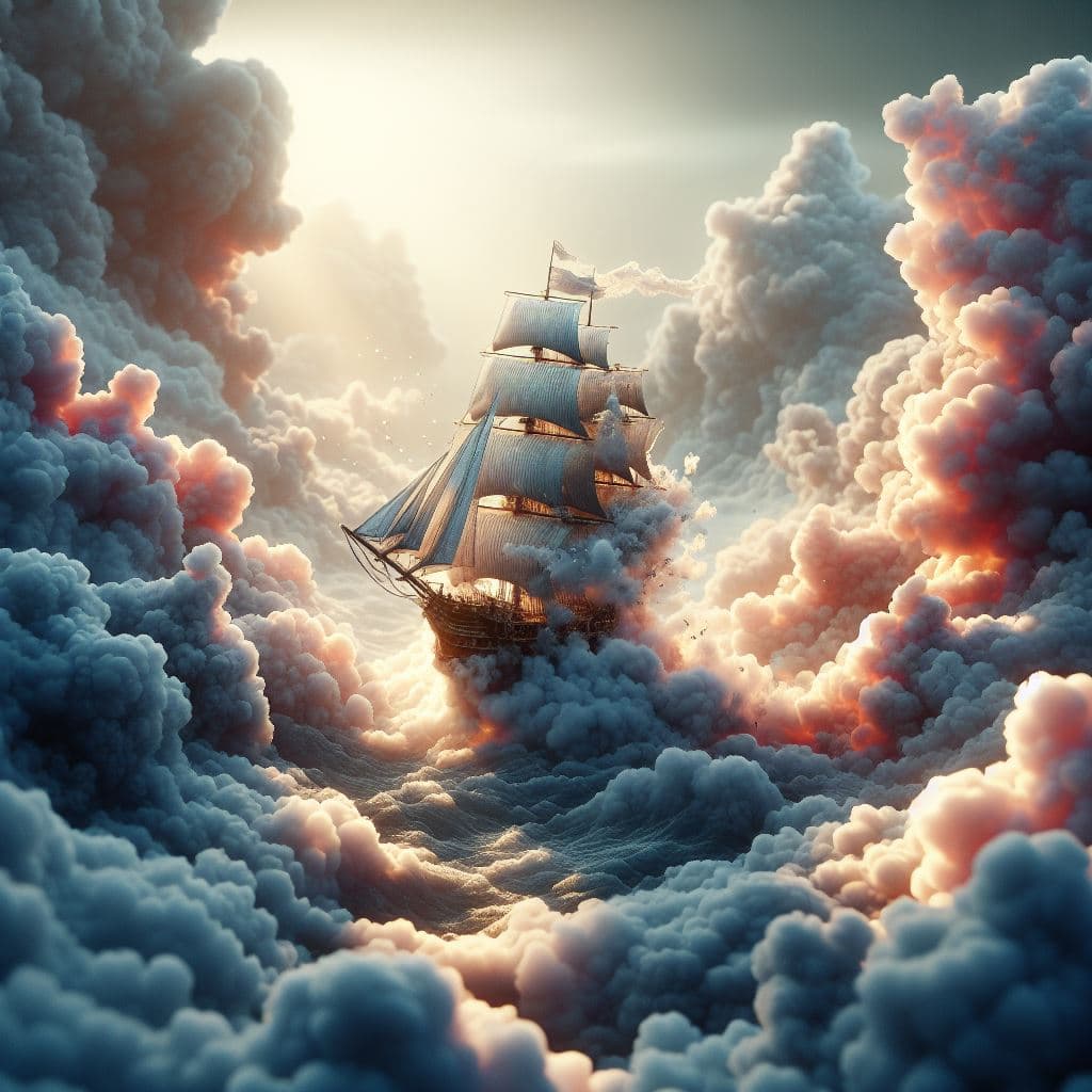 AI generated: Create a visual depicting the Merry sailing on a sea of clouds. Use digital art techniques to create...