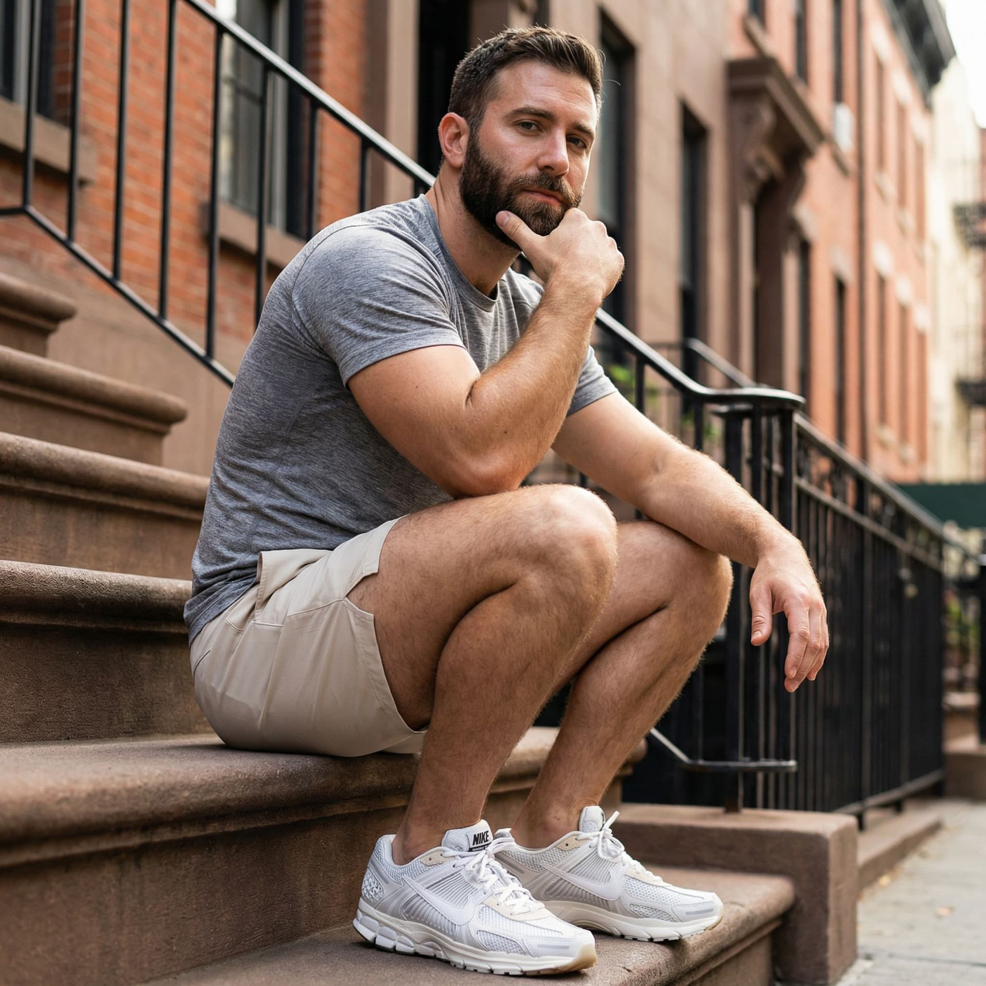 AI generated: A hyper-realistic outdoor portrait of a muscular adult man seated on a brownstone stoop in an urban ...