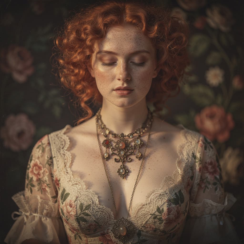 AI generated: A close-up portrait of a woman with curly red hair, eyes closed, and freckled skin, wearing a low-cu...