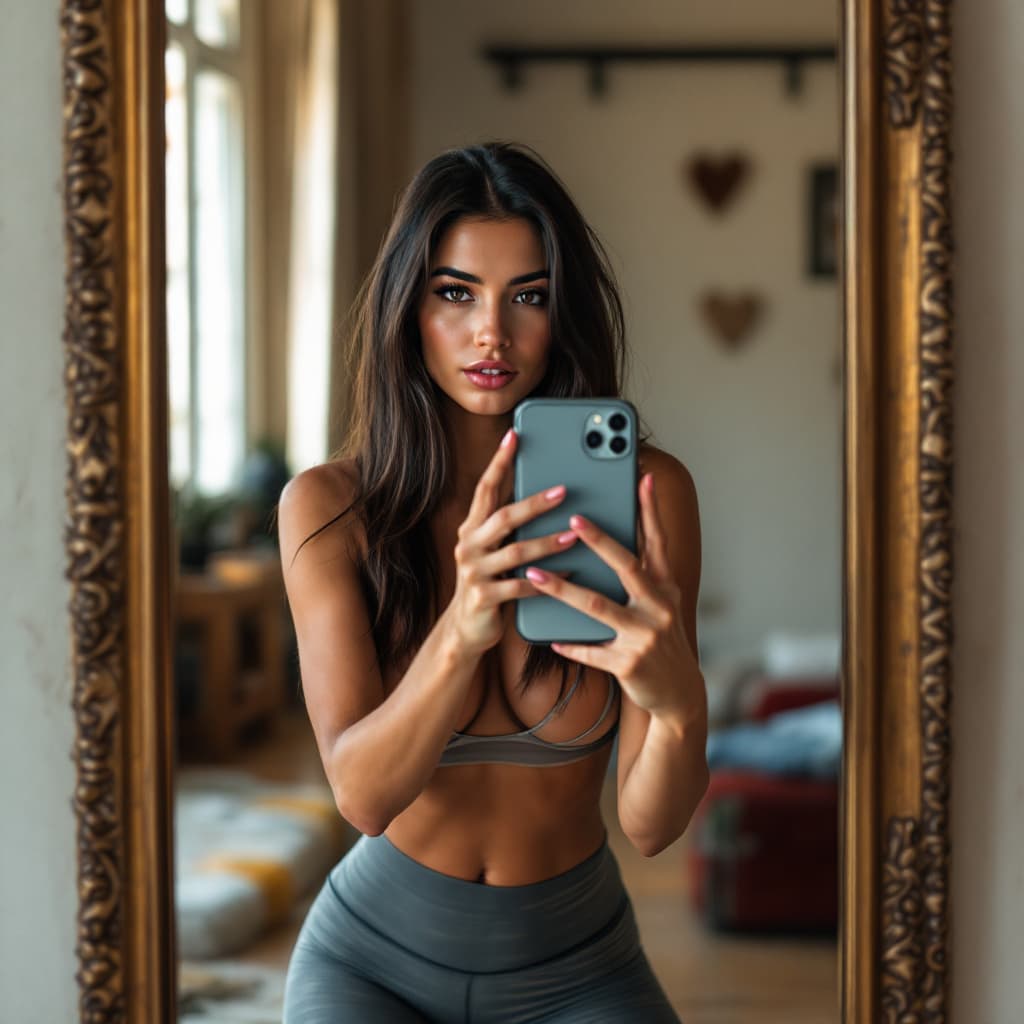 AI generated: the girl takes a photo with her phone of herself in the mirror,  27-year-old Cuban woman, diamond fa...