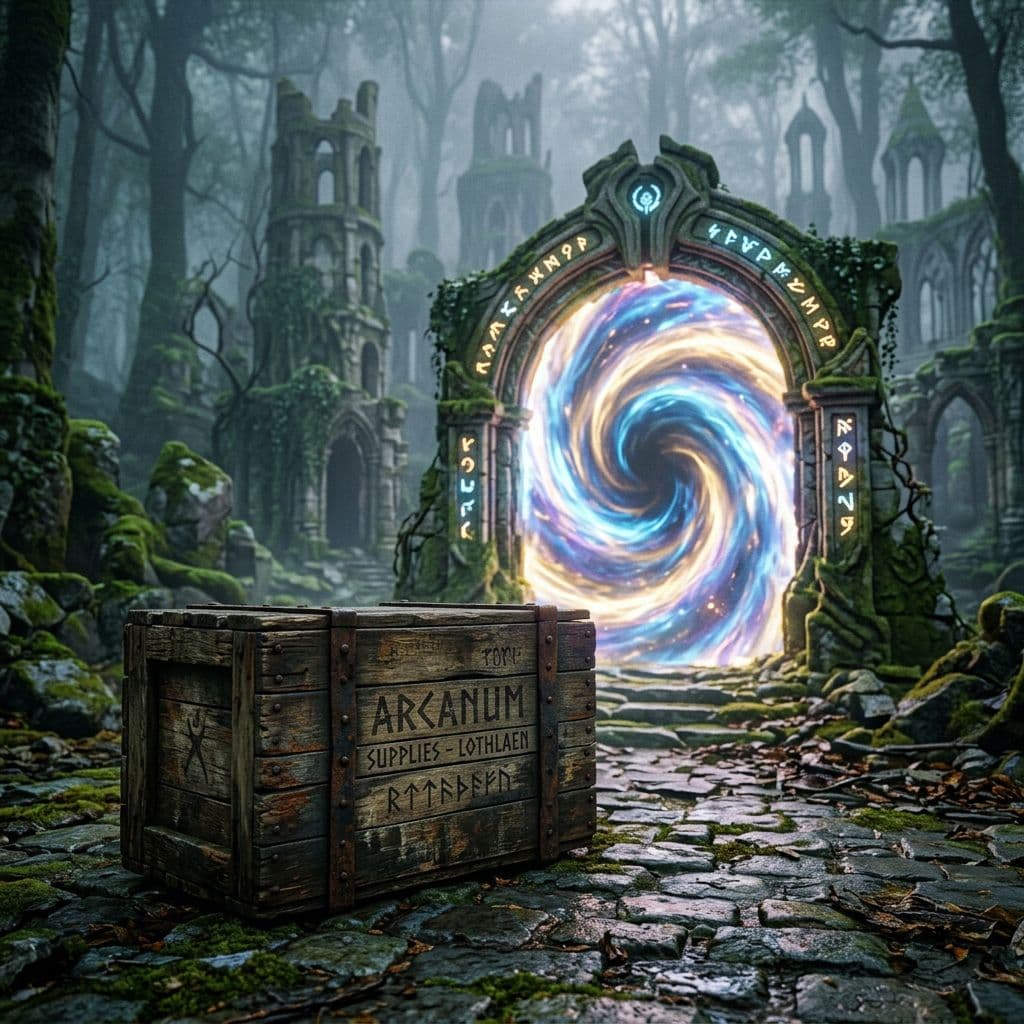 AI generated: a weathered wooden crate sitting in front of a glowing ancient elven dimensional portal in a ruined ...