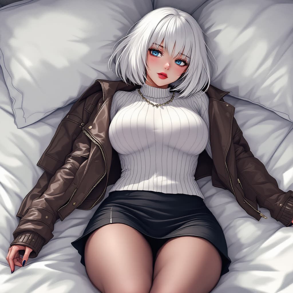AI generated: anime, woman, white hair, bob cut, blue eyes, freckles, red lips, white sweater, tight sweater, shor...