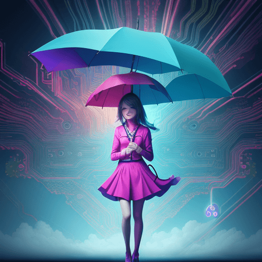 AI generated: High resolution digital fancy background with vibrant color and a young girl holding a digital umbre...