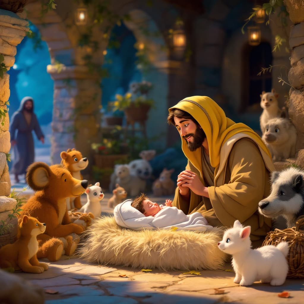 AI generated: Joseph and Maria, in Jerusalen with the baby born, and little animals, in tthe hiperrealistic style ...