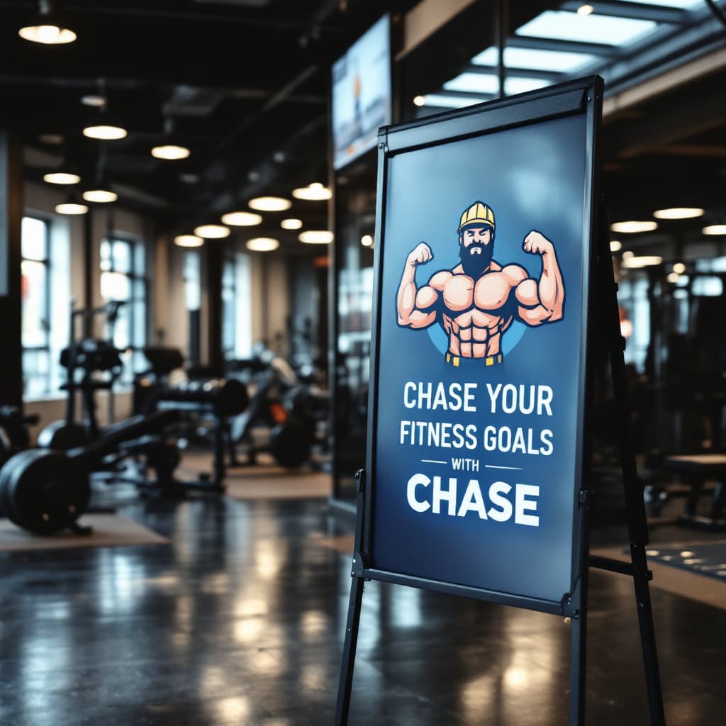AI generated: a sign with a big builder flexing his muscles that says chase your fitness goals with chase, in a gy...