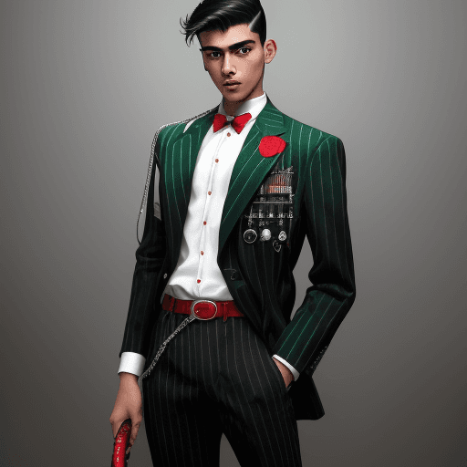 AI generated: A realistic 19 year old mexican man with 
black popmpaudor hair, with a emerald green pinstripe bagg...
