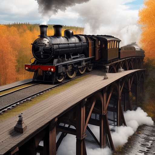 AI generated: create an image with an old wooden and iron bridge crossing a ravine, a steam train circulates on th...
