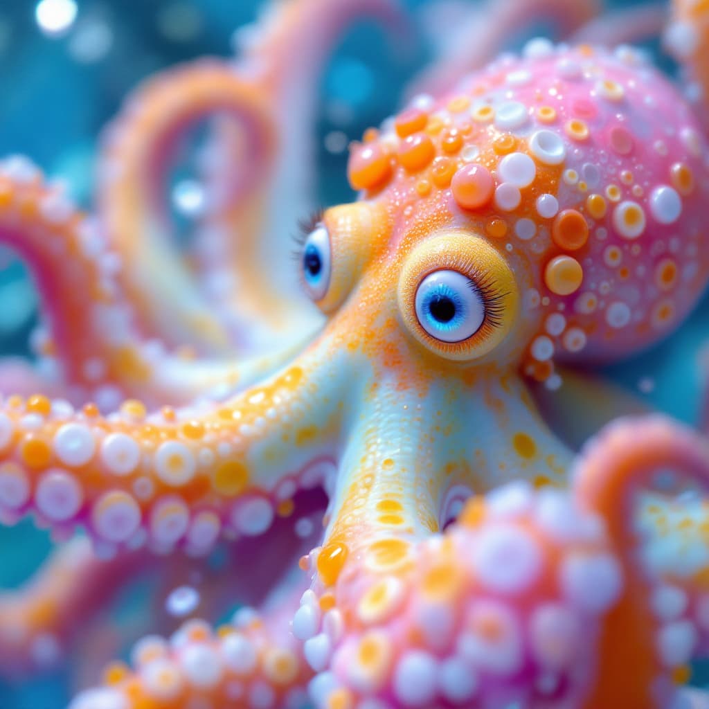 AI generated: A humanoid octopus girl with big blue eyes and long eyelashes, redhead, is swimming underwater. The ...
