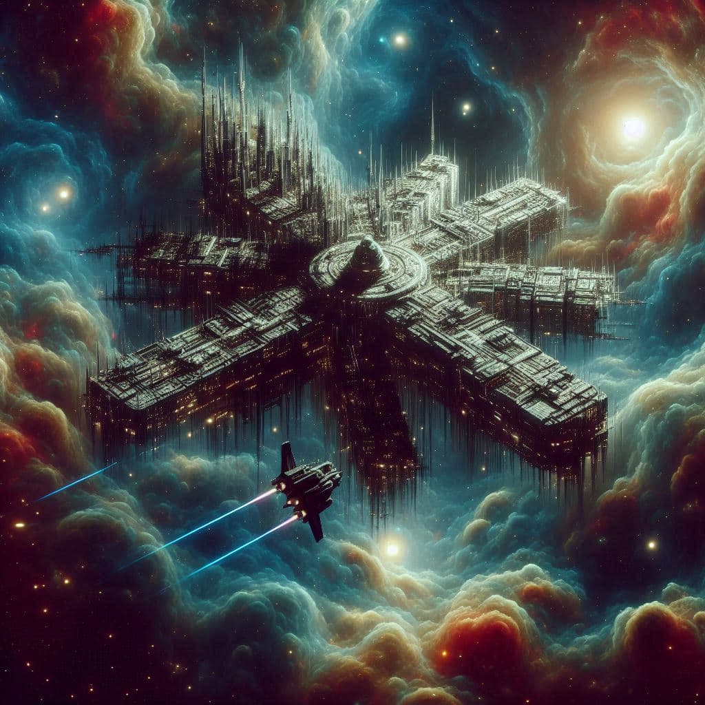 AI generated: A huge spacestation in deep space, asteroids bearing futuristic tech buildings, cosmic Nebula, dazzl...