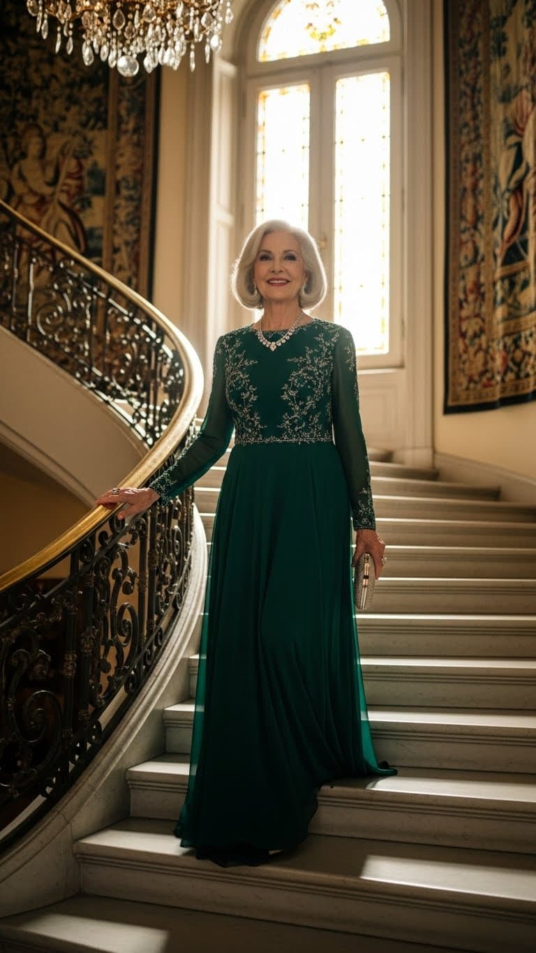 AI generated: 12k image of an older lady, she walks confidently and elegantly down stairs, she gives a magnetic au...