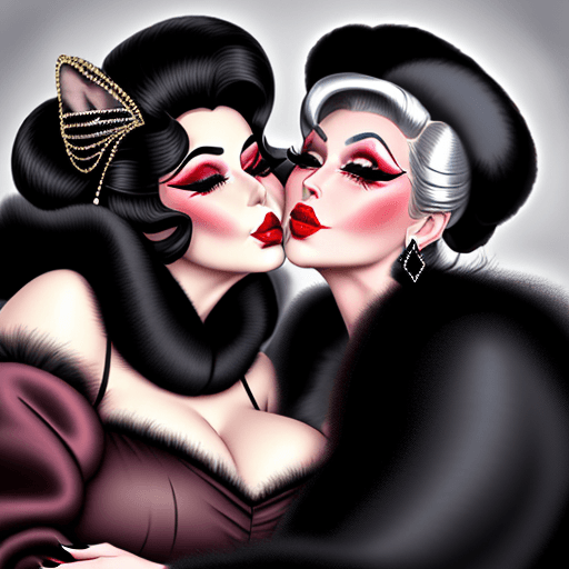 AI generated: ELDERLY DRAG QUEENS KISSING LIPS PASSIONATELY EYES CLOSED Plastic Arrogant Rich Face,heavy thick mak...