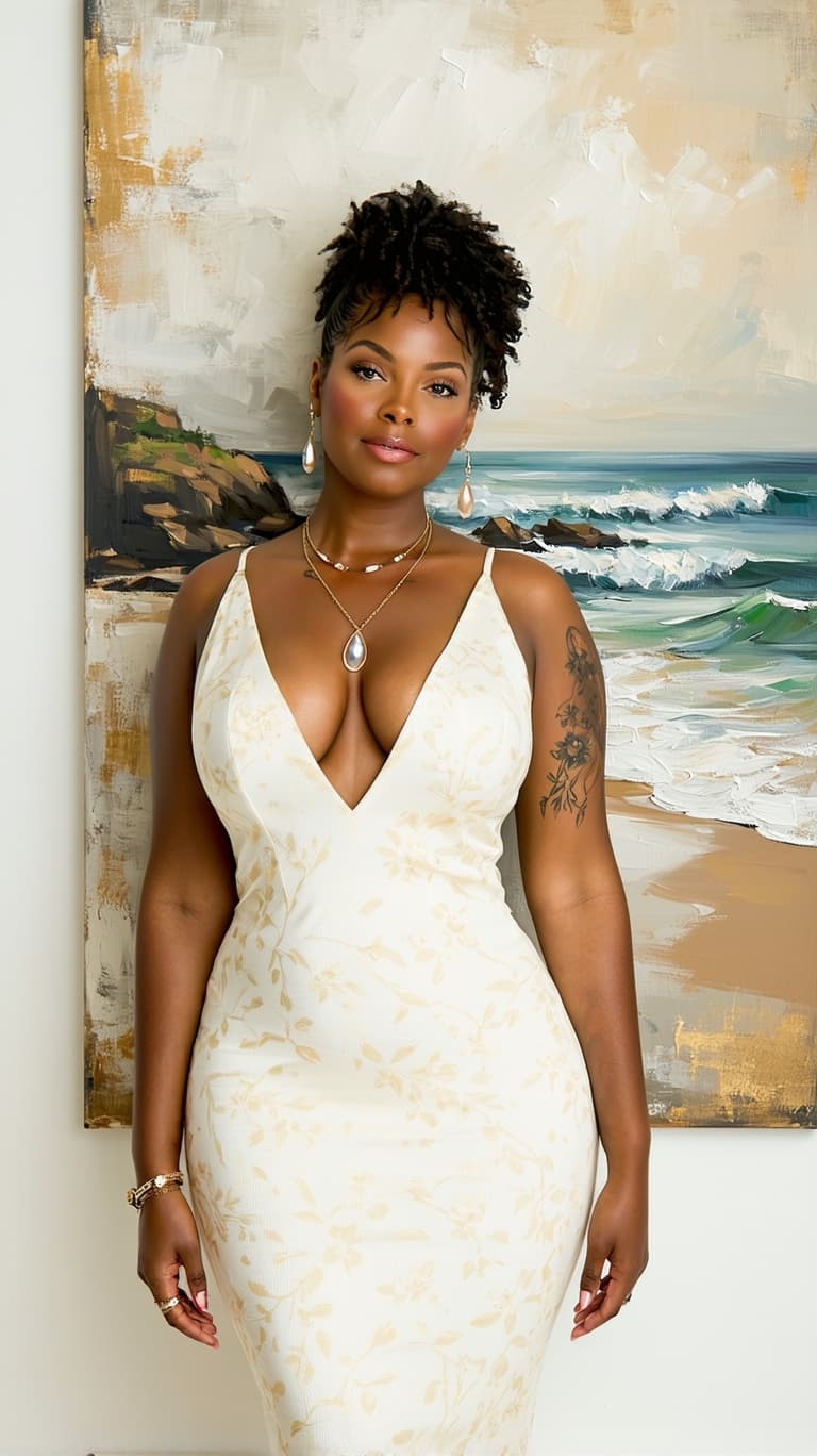 AI generated: Dark-skinned woman, 25-30 years old, with a beautiful, relaxed, and confident expression,  posing in...
