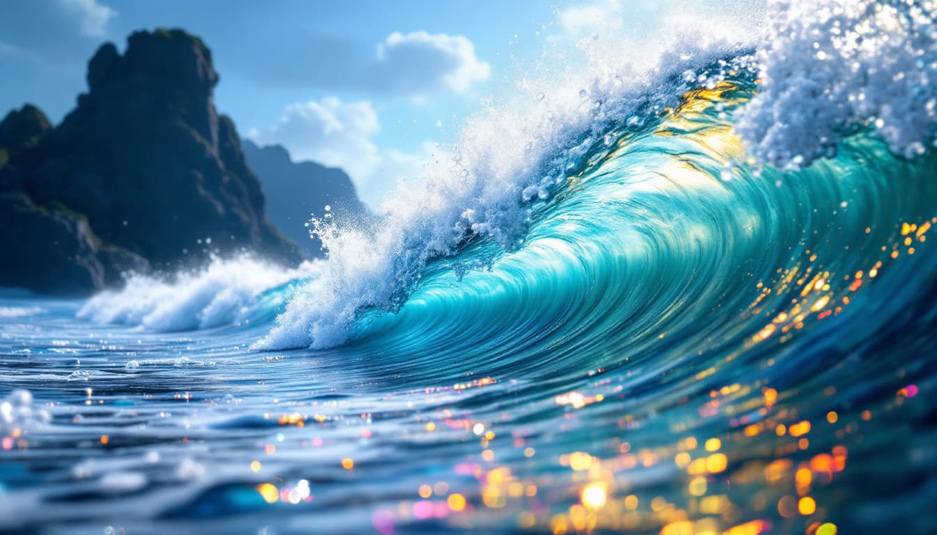 AI generated:  a fiction landscape in the ocean made with giant water trees, ocean wave with sea foam, in a shape ...