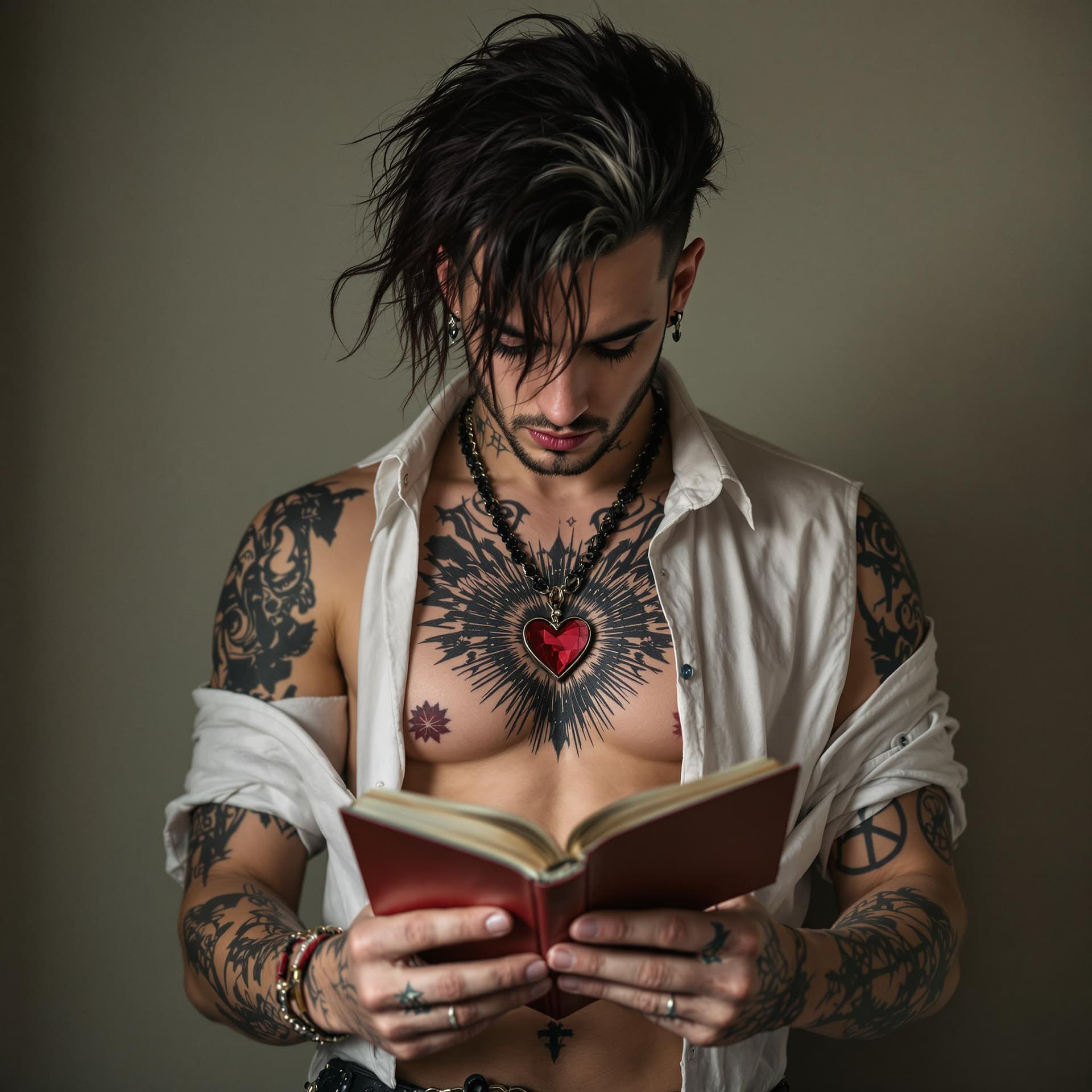 AI generated: Charismatic Gothic Guy in good shape with Tattoos wearing a cutoff shirt reading Heart Symbol Adrien...