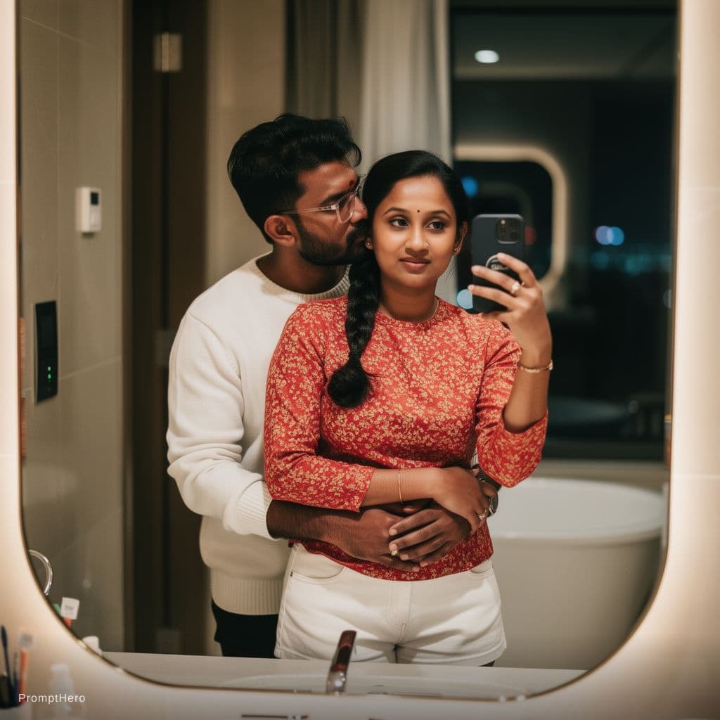 AI generated: Use uploaded image as exact face reference (no change).

Ultra-realistic Indian couple mirror selfie...