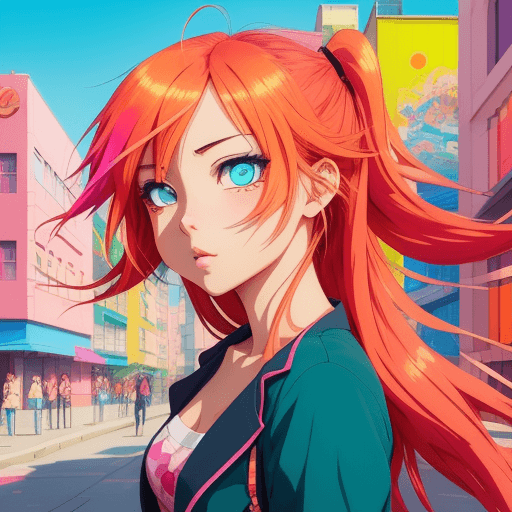 AI generated: Anime-inspired charming girl in a vibrant cityscape, vivid colors, anime aesthetic, expressive eyes,...