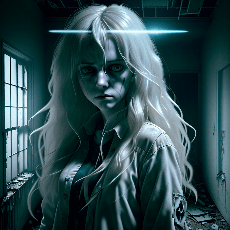 AI generated: an ultra realistic portrait of a paranormal ghost investigator, long messy hair, empty looking stare...