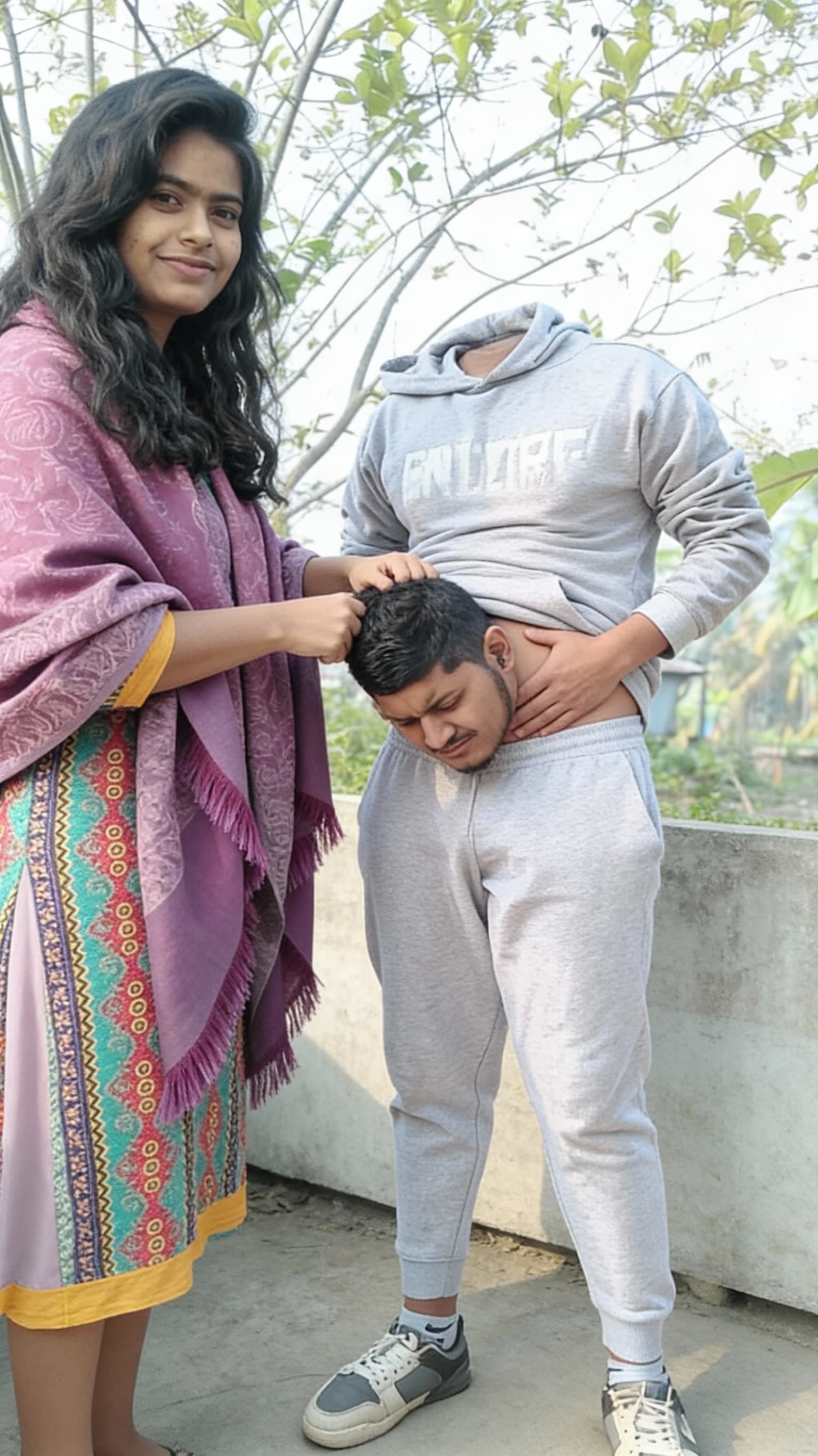 AI generated: The woman pulling man head on belly