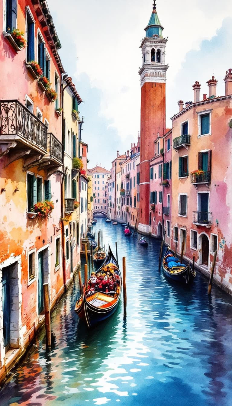 AI generated: watercolor  and ink artistic masterpiece drawing of Venice Italy during carnival.  Happy vibe.