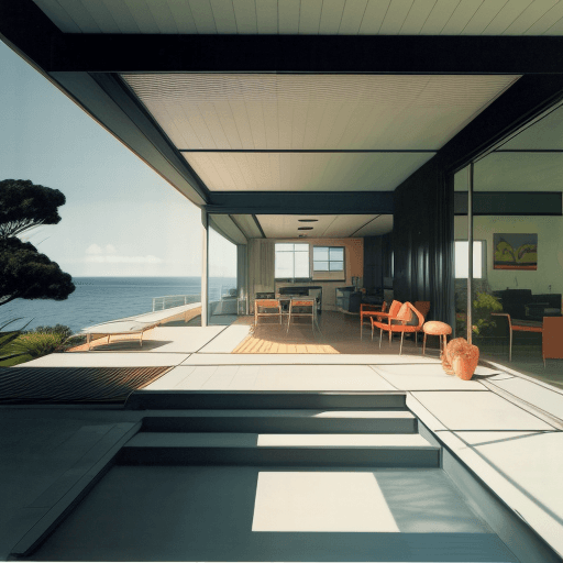AI generated: Hyper realistic eye level exterior photo of a mid century modern style house overlooking the ocean, ...