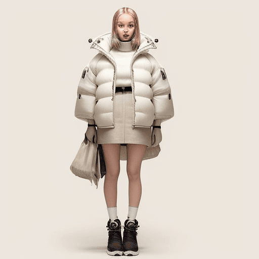 AI generated: The woman in the photo is standing against a beige background, a Tumblr personality. Her outfit cons...