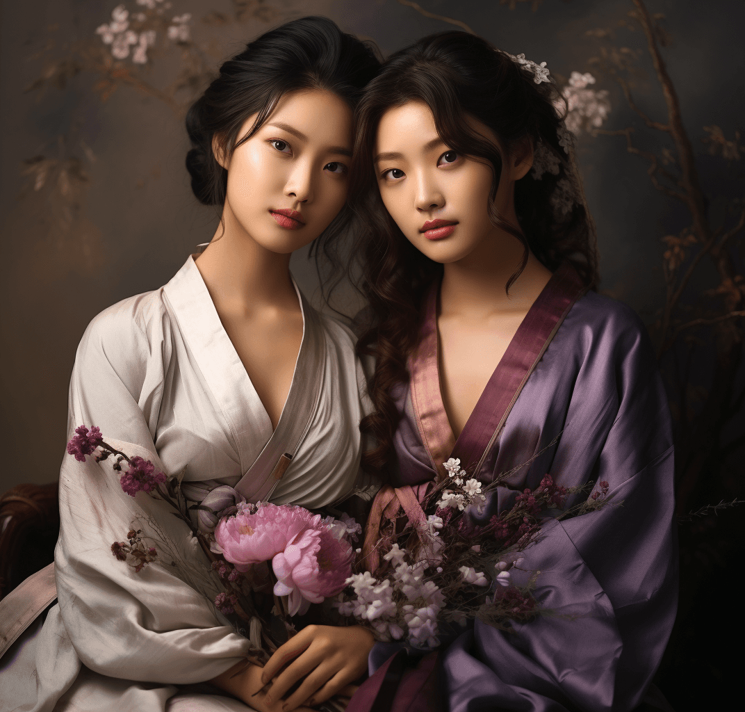 AI generated: seo hidae and her girlfriend in the purple dress, in the style of distinct facial features, light pi...