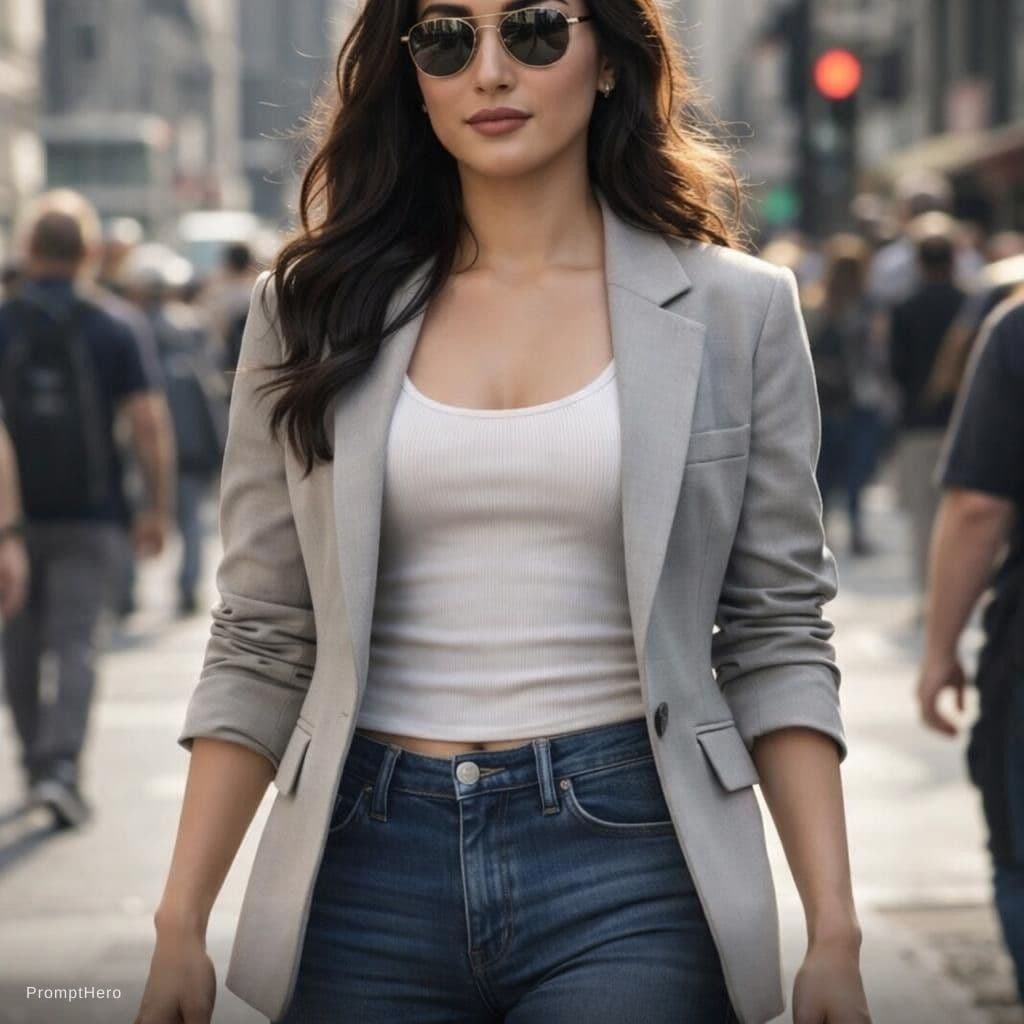 AI generated: A photorealistic full-body portrait of a fit woman walking through a bustling city street, captured ...