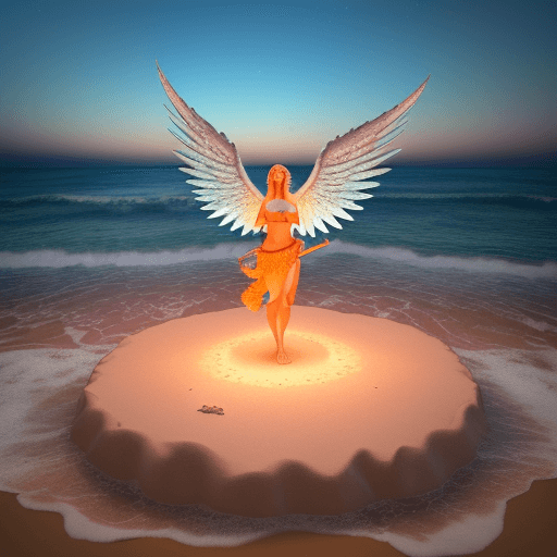 AI generated: "Quero uma ilustração 3D realista de um anjo guerreiro em uma praia, sentado na beira de uma montanh...