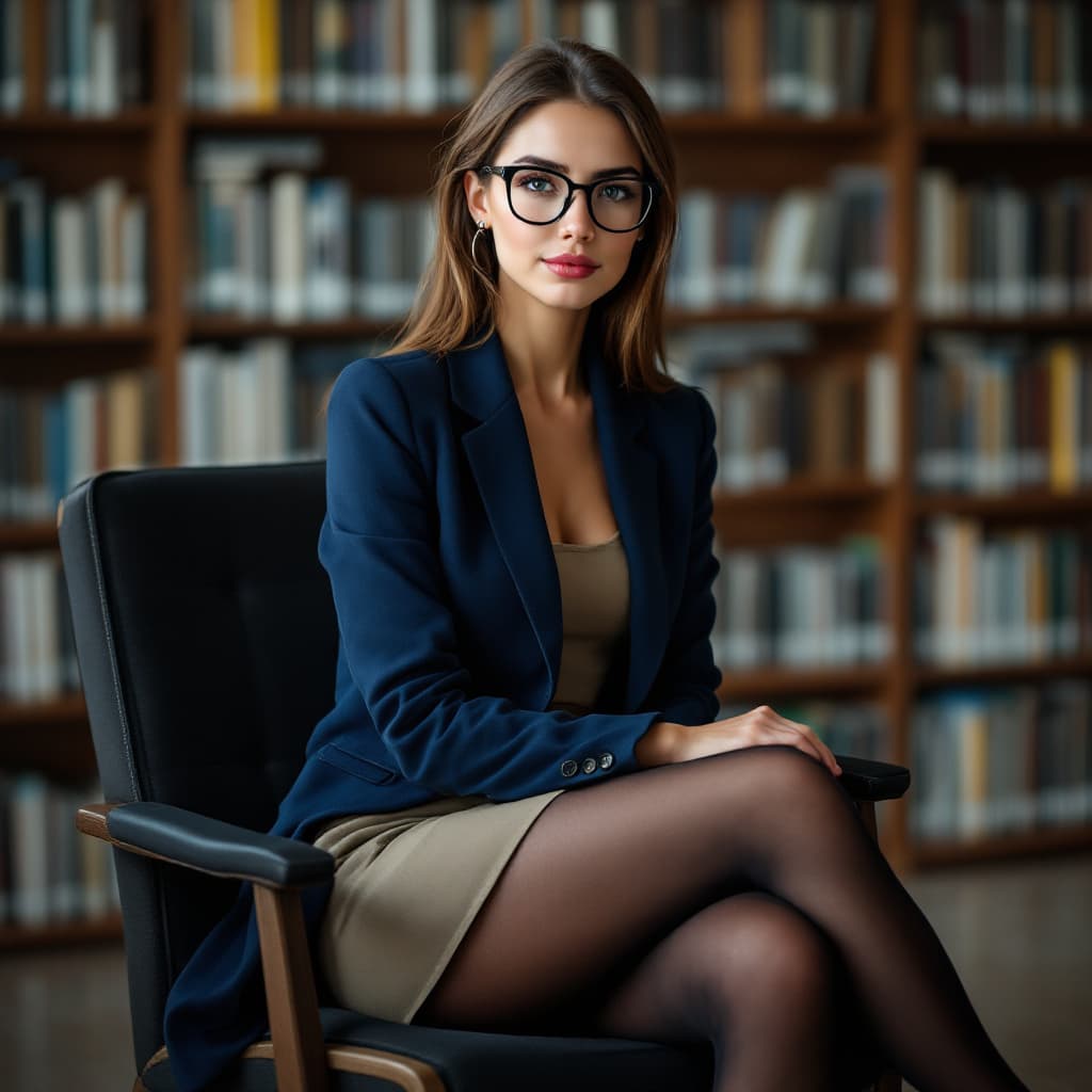 AI generated:  full body shot of a beautiful Caucasian professor, in a blue jacket and khaki miniskirt, black tigh...