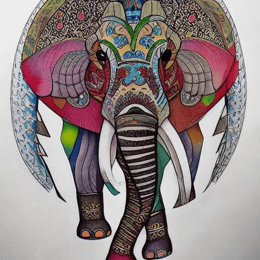 AI generated: TATTOO, COLOR, ON THE BACK, ELEPHANT, ARMOR, PERSIA, MONEY, LUCK,