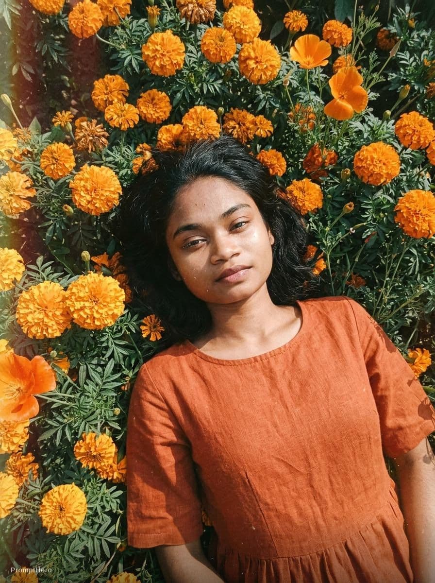 AI generated: Kodak disposable photography of beautiful fashion model with orange dress, laying on orange flower b...