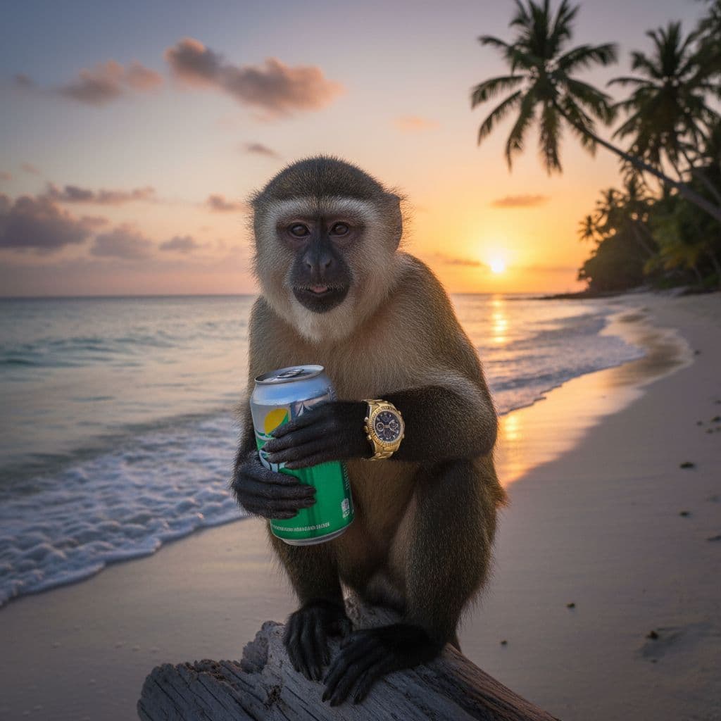 AI generated: An image of a monkey with an expensive Rolex watch holding a can of Sprite Soda on a  sunset beach w...