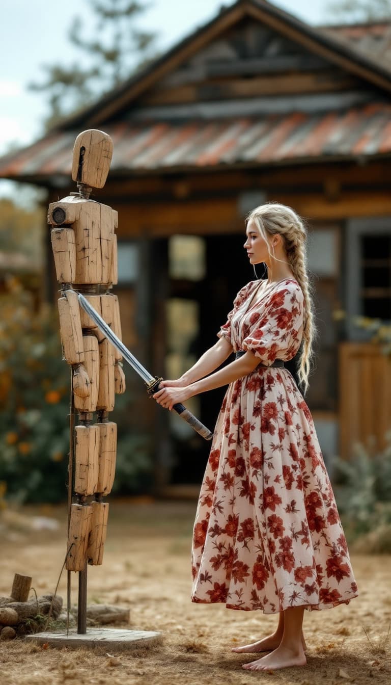 AI generated: full body view of A very beautiful minute blonde woman with braids, flowery dress, barefoot (((show ...