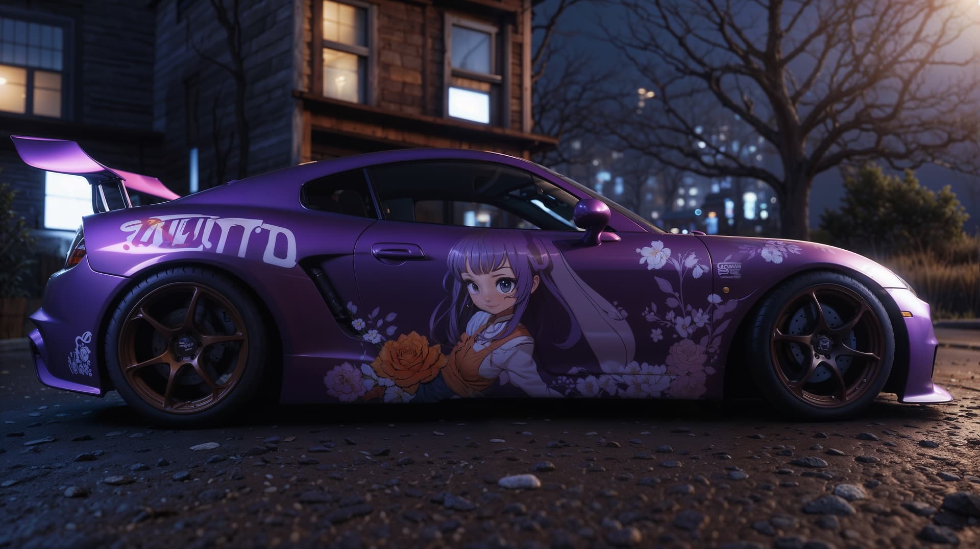 AI generated: a 3D-rendered image of a purple sports car ((model)), equipped with a body kit and decorated with vi...