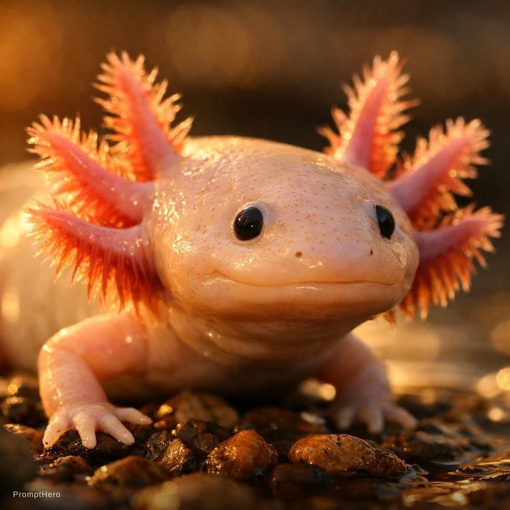 AI generated: An axolotl, realistic photograph, close-up, golden hour lighting, sharp focus, depth of field, highl...