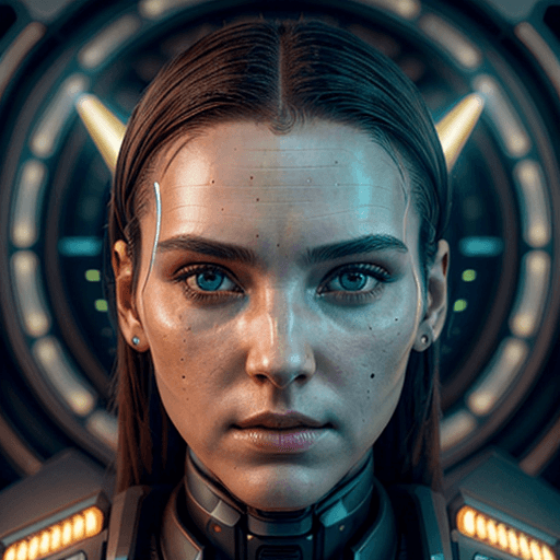 AI generated: female android, (symmetrical face:1.2), (sharp facial features:1.2), (realistic eyes:1.2), (highly d...