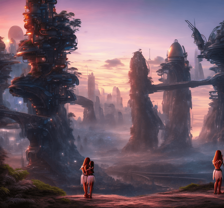 AI generated: Close view. 2 pretty female warriors are watching the landscape at sunset.. Close view. futuristic c...