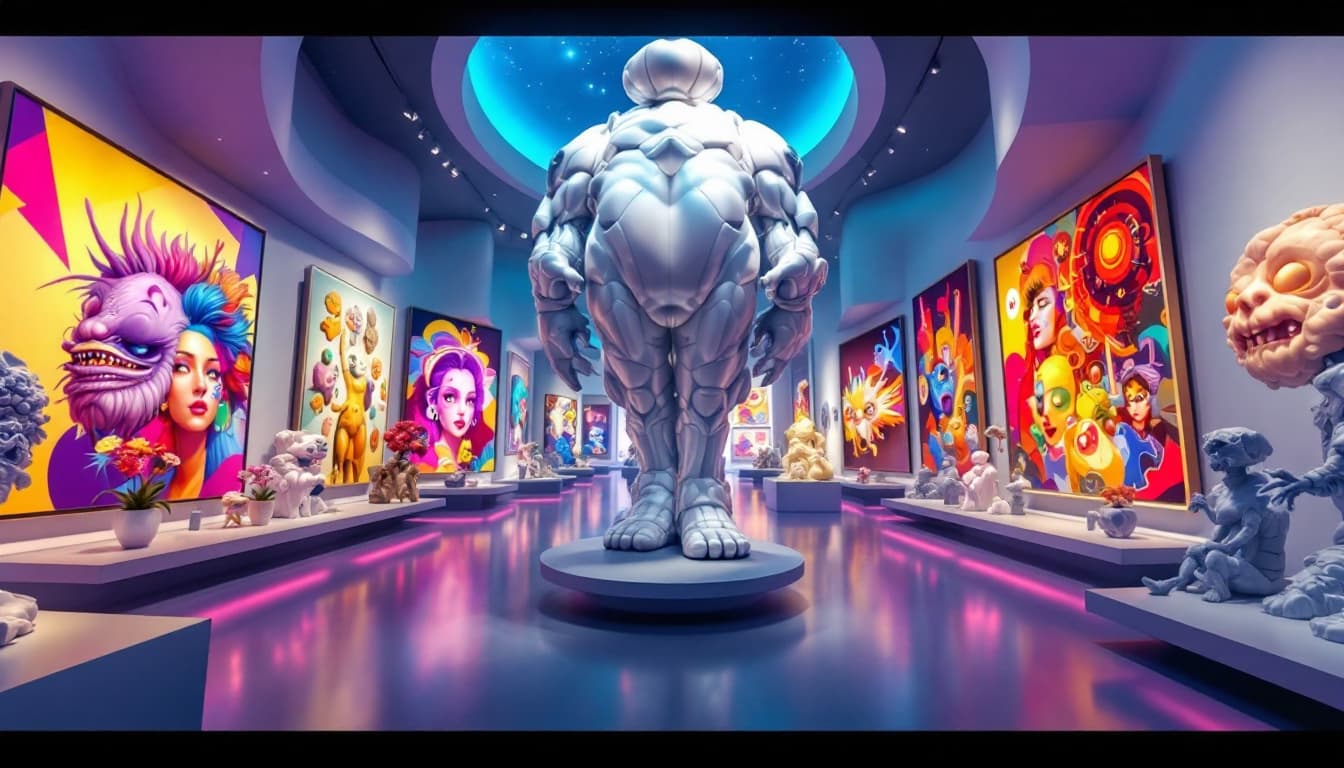 AI generated:   A close-up view inside a virtual futuristic museum, showcasing anime-style art that is strange, we...