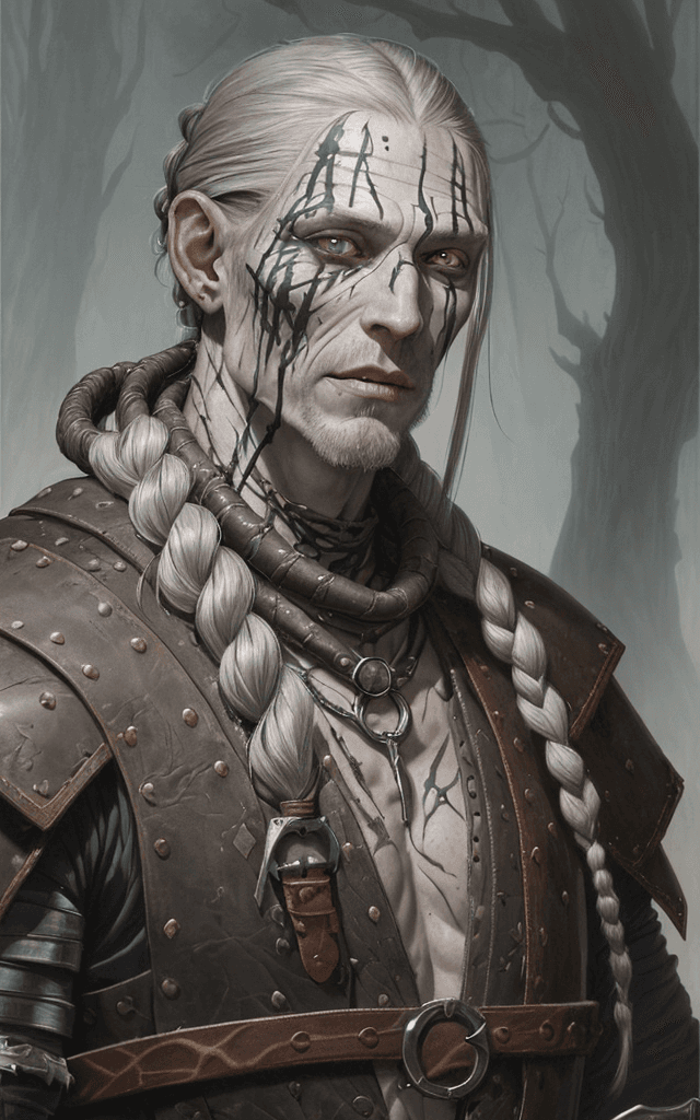 AI generated: one eyed Caucasian man with grey skin, covered in scars, scarring, wearing leather armor, a single a...