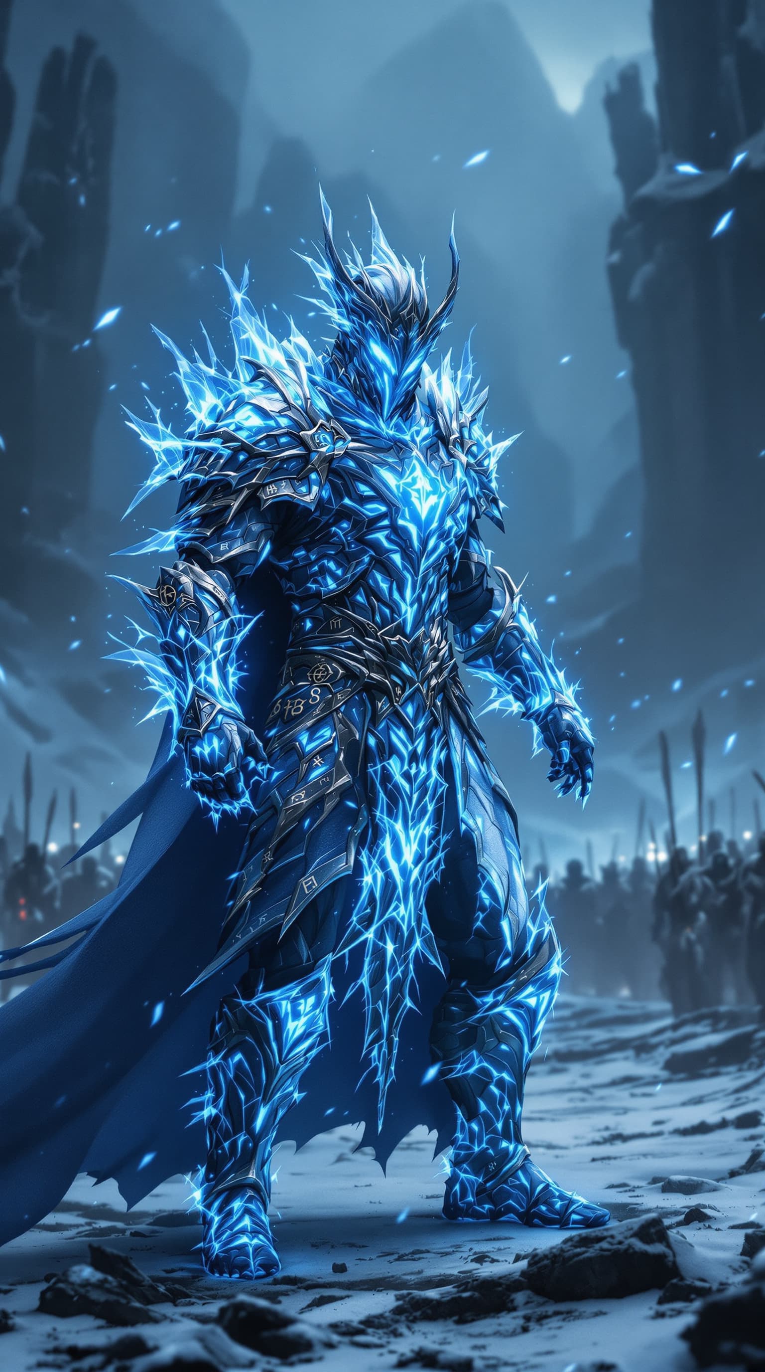 AI generated: fantasy cinematic, ancient warrior clad in enchanted blue armor with glowing ice runes etched into t...