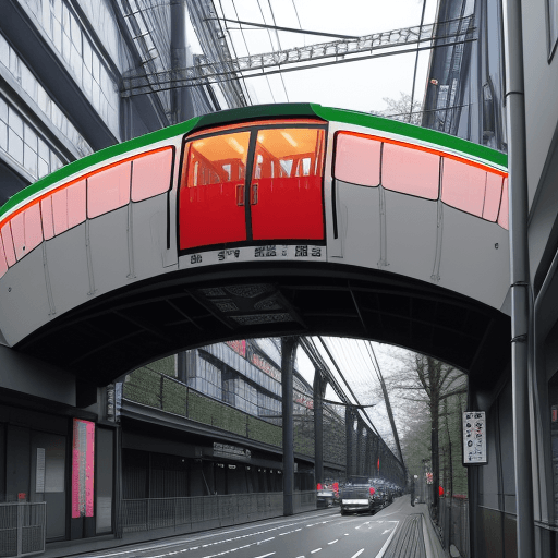 AI generated: Die Wuppertaler Schwebebahn mit Gerüst in einer Straße in Tokio mit vielen Neonlichtern
