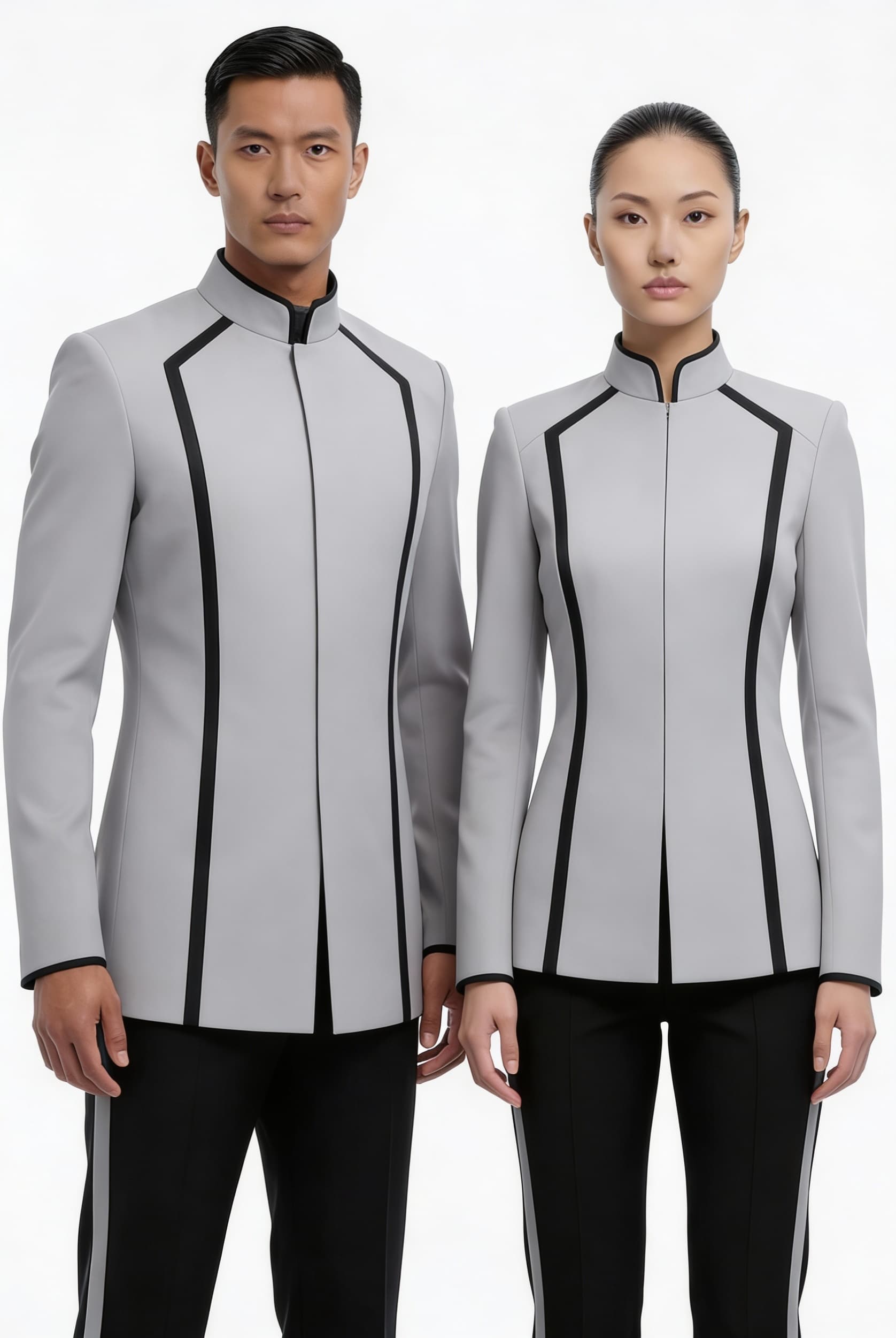 AI generated: Create a Sci-Fi uniform. Use the reference image and turn all red to Grey. The color of the uniform ...