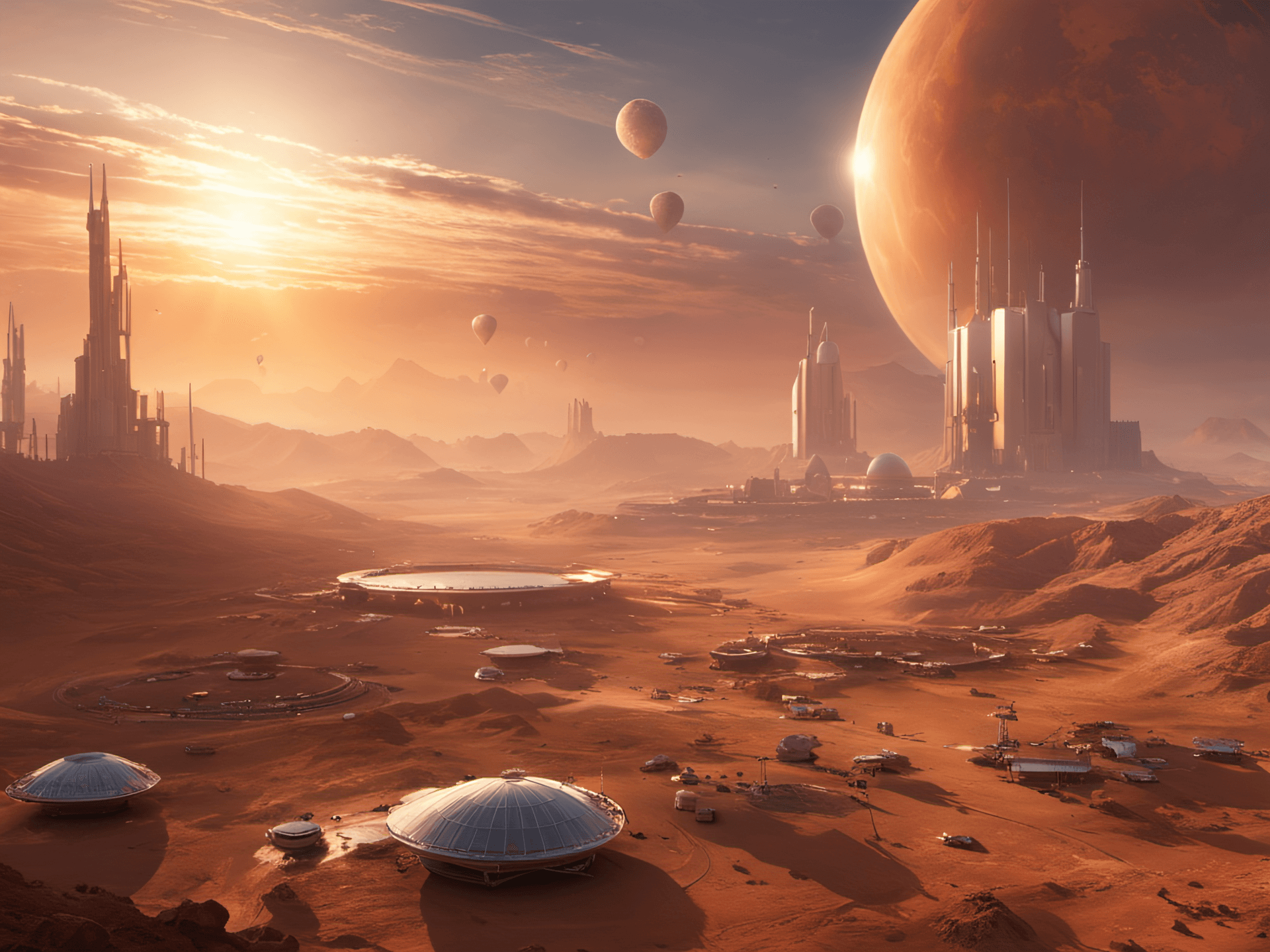 AI generated: cinematic photo breathtaking masterpiece , award-winning , solarpunk style , Epic Sunset over a Huma...