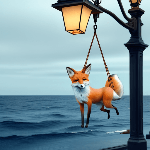 AI generated: Photo of a fox on a swing hanging from an L- shaped lamp post in the middle of the ocean