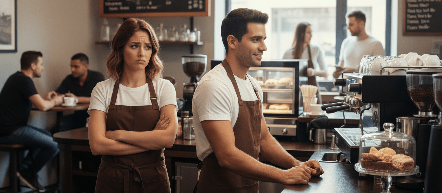 AI generated: At a coffee shop, there is a Hispanic male, 5 feet tall, he is wearing a white shirt short sleeve, a...