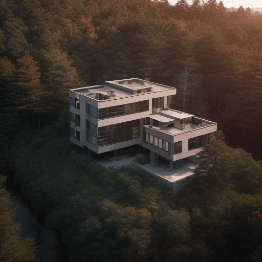 AI generated: hyper realistic aerial view exterior photo of a beautiful brutalist style house on a cliff full of t...