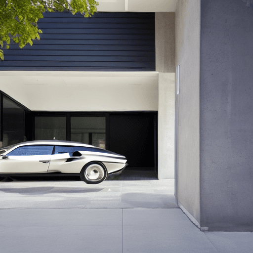 AI generated: Modernist building, black acm cladding, entry doors lamborghini butterfly doors, 