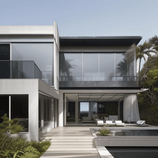 AI generated: Hyper-realistic eye-level exterior photo of a modern-style house overlooking the ocean, daylight, in...
